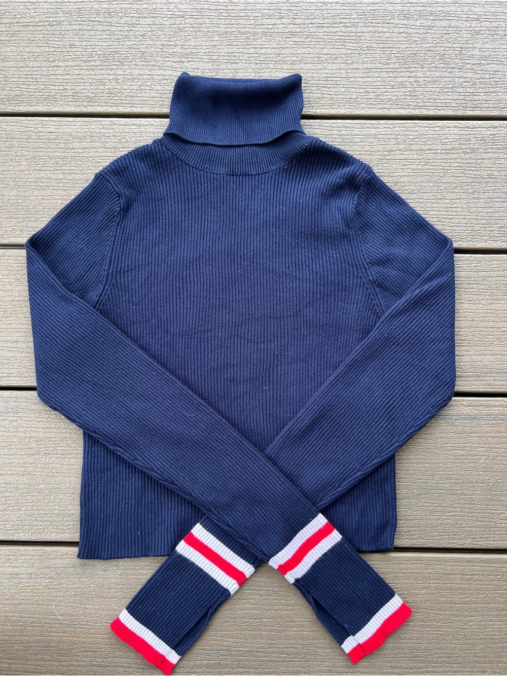 Zara Navy Turtleneck Sweater with Red & White Cuff Stripes